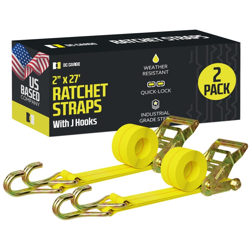 DC Cargo Mall DC Cargo Tie-Down Ratchet Straps J-Hooks, (Pack of 2) Heavy Duty 2" x 27' Tie-Down Ratcheting Cargo Truck Straps Wire Hook Ends, J-Hook Ratchet Strap Tie-Downs - Image 1